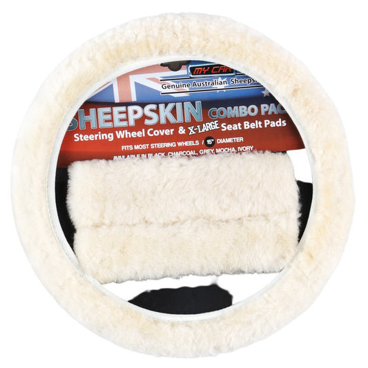 Sheepskin Steering Wheel Cover & Seat Belt Pads Combo Luxury - Ivory Tristar Online