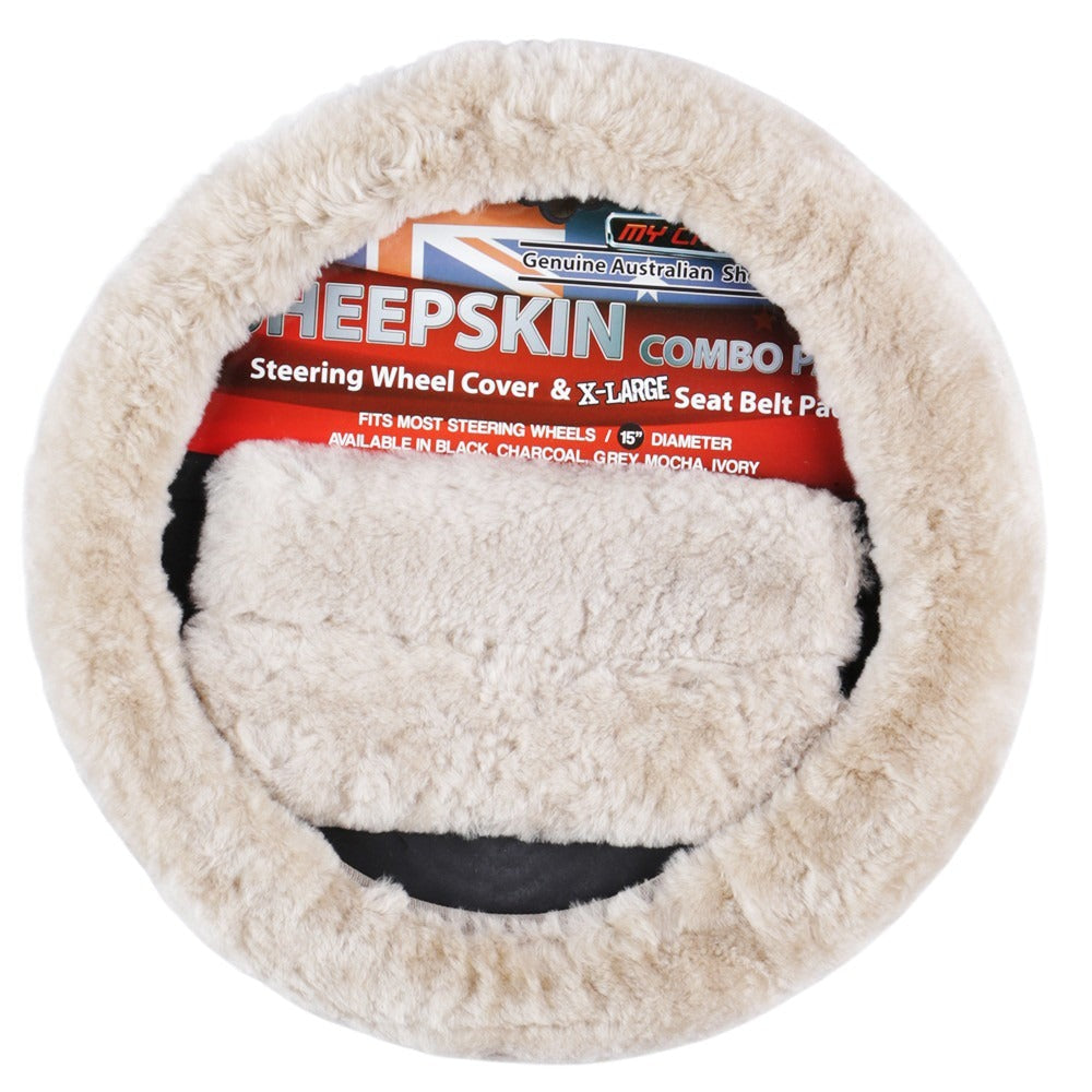 Sheepskin Steering Wheel Cover & Seat Belt Pads Combo Luxury - Mocha Tristar Online