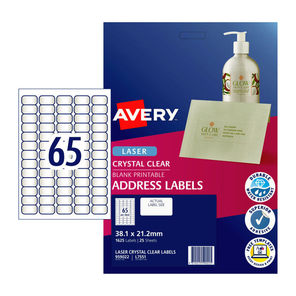 AVERY Laser Label Clear L7551 65Up Pack of 25 Tristar Online