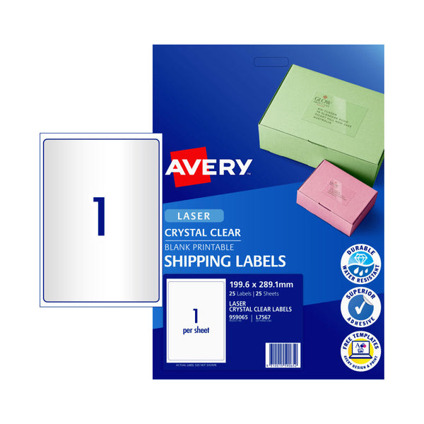 AVERY Laser Label Clear L7567 1Up Pack of 25 Tristar Online