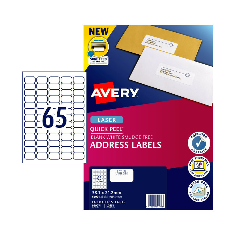AVERY Laser Label QP L7651 65L Pack of 100 Tristar Online