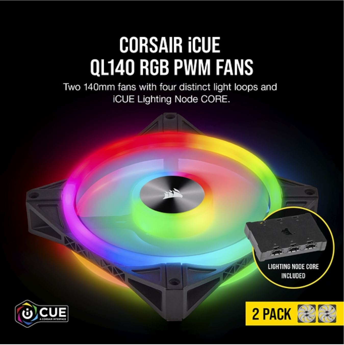 CORSAIR QL140 RGB Dual Fan Kit with Lighting Node Core, ICUE, Anti Vibration, Low-Noise 140 mm Fan Blade, RGB LED PWM Fan 26dBA, 502 CFM, 2 Fan Pack Tristar Online