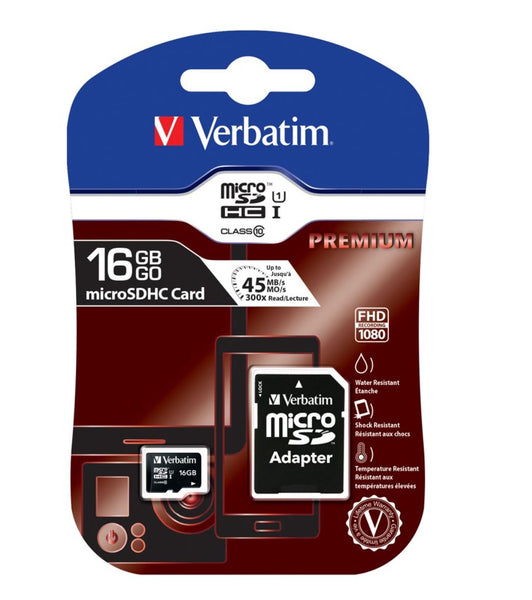 VERBATIM Micro SDHC 16GB (Class 10) with Adaptor Up to 45MB/Sec 300X read speed Tristar Online