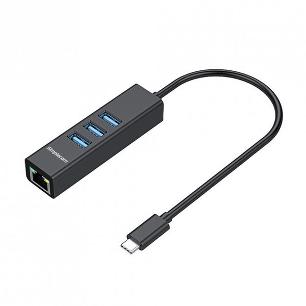 SIMPLECOM CHN421 Black Aluminium USB-C to 3 Port USB HUB with Gigabit Ethernet Adapter - CBAT-USBCLAN Tristar Online