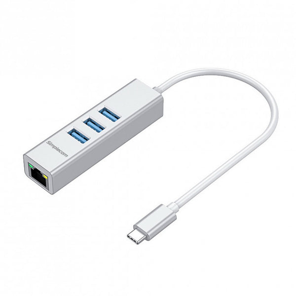 SIMPLECOM CHN421 Silver Aluminium USB-C to 3 Port USB HUB with Gigabit Ethernet Adapter - CBAT-USBCLAN Tristar Online