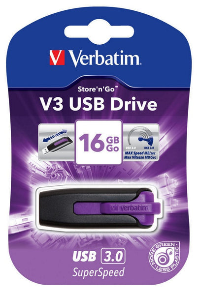 VERBATIM 16GB V3 USB3.0 Violet Store\'n\'Go V3; Rectractable Tristar Online