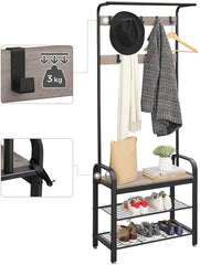 Greige and Black Steel Freestanding Coat Rack Stand with Removable Hooks, Bench and Shoe Rack, Height 183 cm Tristar Online