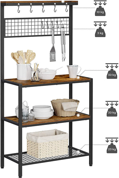 Industrial Kitchen Baker's Rack with Storage Shelves 10 Hooks and Metal Mesh Shelf 84 x 40 x 170 cm Rustic Brown Tristar Online