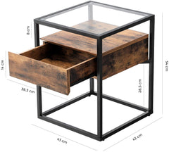 Tempered Glass End Table with Drawer and Rustic Shelf  Stable Iron Frame Tristar Online