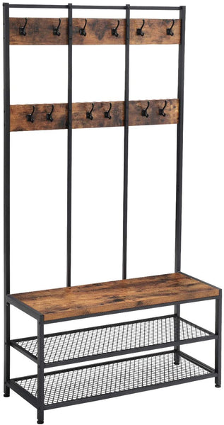 Large Coat Rack Stand with 12 Hooks and Shoe Bench Rustic Brown and Black Tristar Online