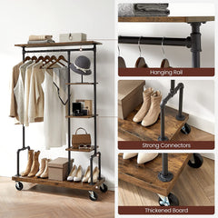 Clothing Garment Rack on Wheels with 5-Tier, Industrial Pipe Style, Rustic Brown Tristar Online