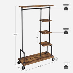 Clothing Garment Rack on Wheels with 5-Tier, Industrial Pipe Style, Rustic Brown Tristar Online