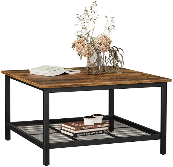 Robust Coffee Table Steel Frame and Mesh Storage Shelf,  Rustic Brown and Black Tristar Online