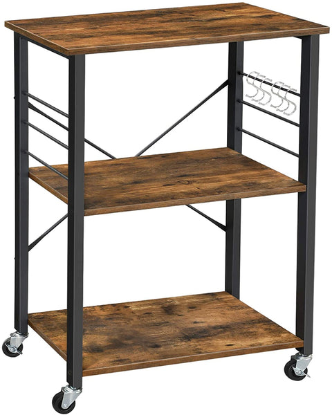 Kitchen Baker's Rack,  3-Tier Serving Cart with Metal Frame and 6 Hooks, Rustic Brown Tristar Online