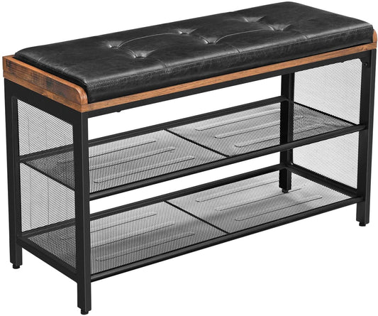 Shoe Bench with Mesh Shelf and Faux Leather Vintage Brown Black 80 x 30 x 48 cm Tristar Online