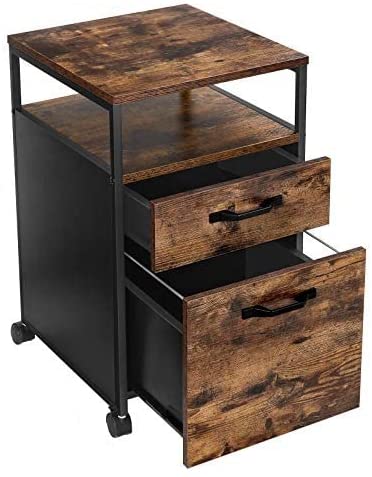 File Cabinet with 2 Drawers, Wheels and Open Compartment Rustic Brown and Black Tristar Online