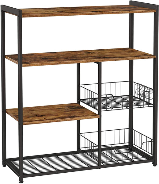 Baker's Rack with 2 Metal Mesh Baskets, Shelves and Hooks, 80 x 35 x 95 cm, Industrial Style, Rustic Brown Tristar Online