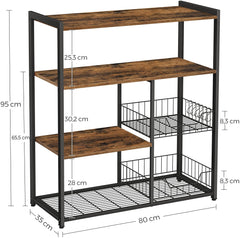 Baker's Rack with 2 Metal Mesh Baskets, Shelves and Hooks, 80 x 35 x 95 cm, Industrial Style, Rustic Brown Tristar Online