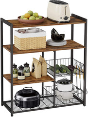 Baker's Rack with 2 Metal Mesh Baskets, Shelves and Hooks, 80 x 35 x 95 cm, Industrial Style, Rustic Brown Tristar Online