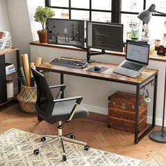 Home Office Desk with 8 Hooks 140 x 60 x 75 cm Rustic Brown and Black Tristar Online