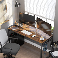 Home Office Desk with 8 Hooks 140 x 60 x 75 cm Rustic Brown and Black Tristar Online