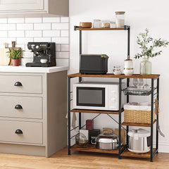 Kithcen Baker's Rack with Shelves Microwave Stand with Wire Basket and 6 S-Hooks Rustic Brown Tristar Online
