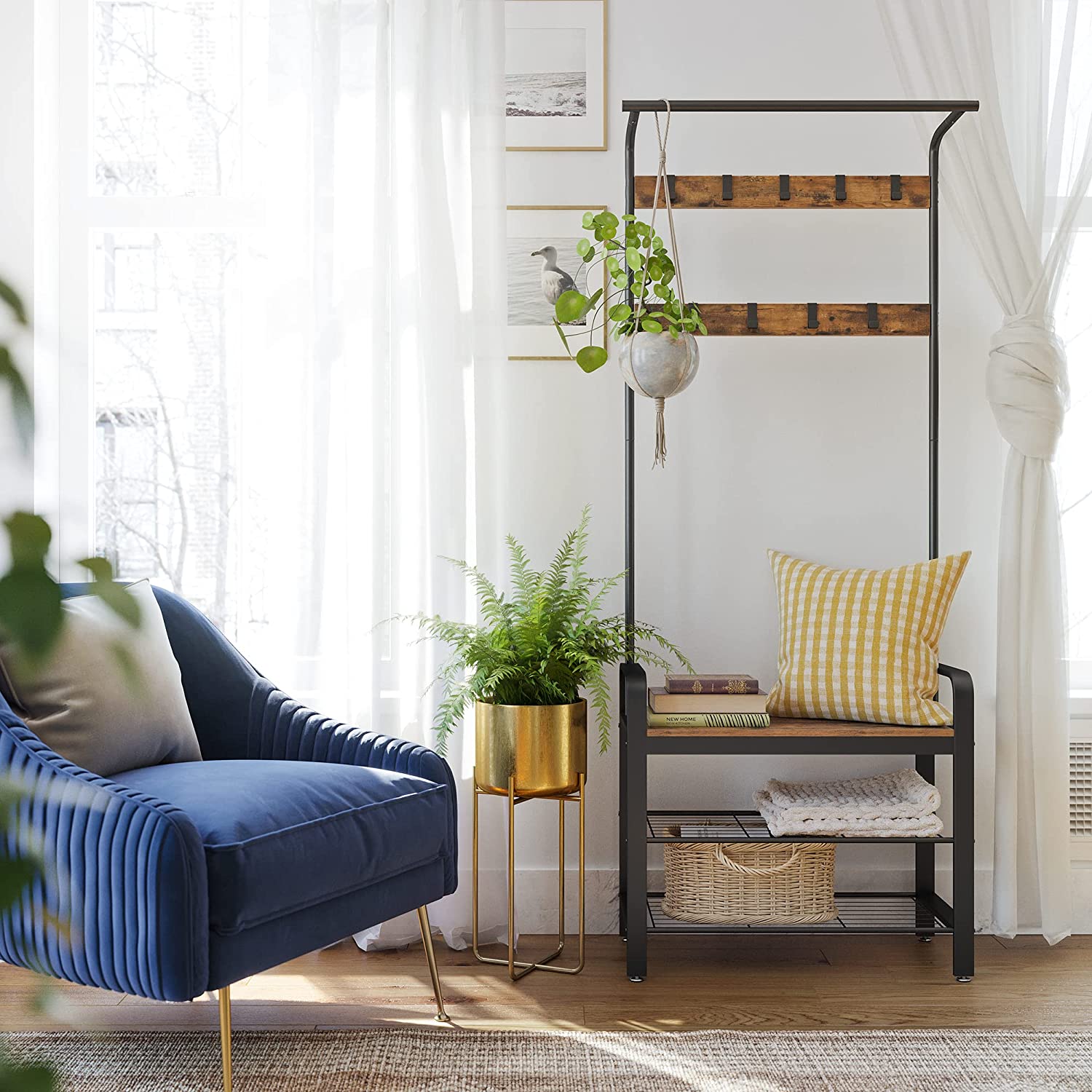 Vintage Coat Rack Shoe Bench, Wood Look Accent Furniture and Metal Frame Tristar Online