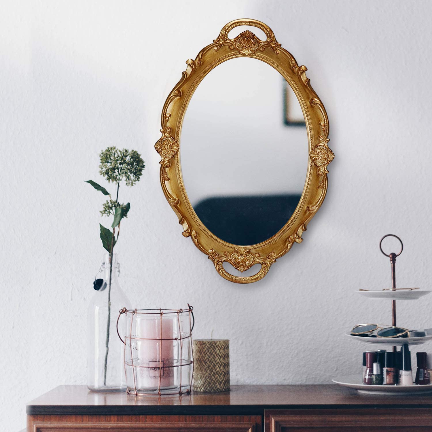 CARLA HOME Oval Antique Gold 25 x 38 cm Vintage Carved Hanging Wall Mirror for Bedroom and Living-Room Tristar Online