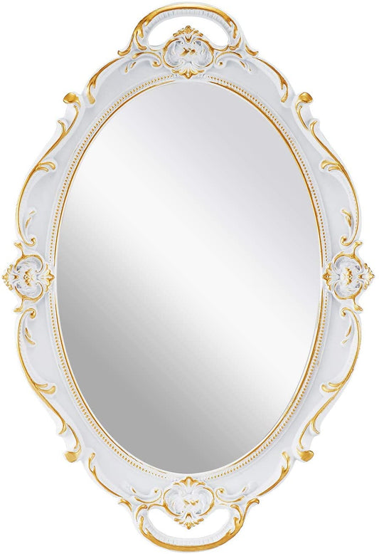 CARLA HOME Oval Antique White 25 x 38 cm Vintage Carved Hanging Wall Mirror for Bedroom and Living-Room Tristar Online