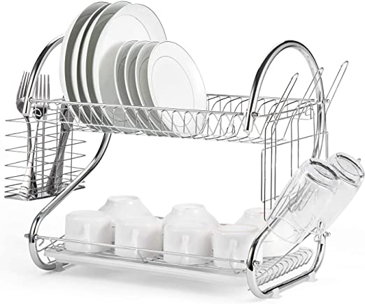 CARLA HOME 2 Tier Dish Rack with Drain Board for Kitchen Counter and Plated Chrome Dish Dryer Silver 42 x 25,5 x 38 cm Tristar Online