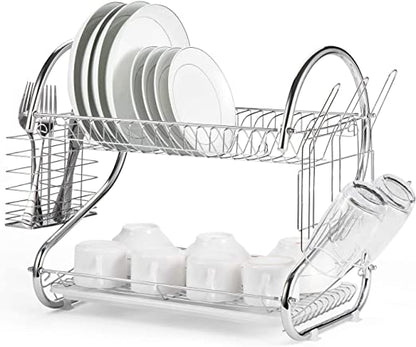 CARLA HOME 2 Tier Dish Rack with Drain Board for Kitchen Counter and Plated Chrome Dish Dryer Silver 42 x 25,5 x 38 cm Tristar Online