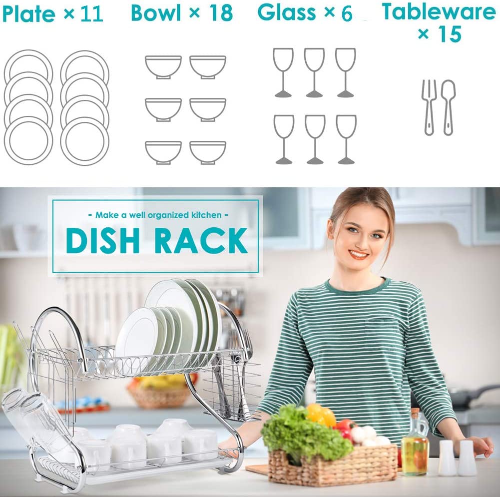 CARLA HOME 2 Tier Dish Rack with Drain Board for Kitchen Counter and Plated Chrome Dish Dryer Silver 42 x 25,5 x 38 cm Tristar Online