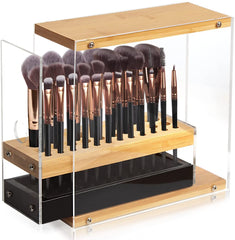 31 Holes Acrylic Bamboo Brush Holder Organiser Beauty Cosmetic Display Stand with Leather Drawer Black (22.3 x 8.6 x 21.5 cm) Tristar Online