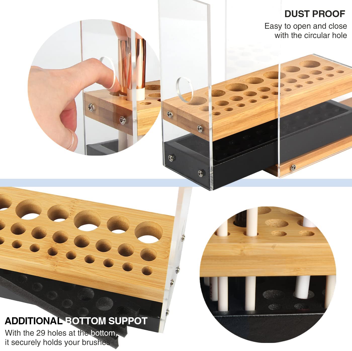 31 Holes Acrylic Bamboo Brush Holder Organiser Beauty Cosmetic Display Stand with Leather Drawer Black (22.3 x 8.6 x 21.5 cm) Tristar Online