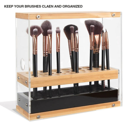 31 Holes Acrylic Bamboo Brush Holder Organiser Beauty Cosmetic Display Stand with Leather Drawer Black (22.3 x 8.6 x 21.5 cm) Tristar Online