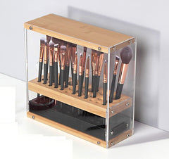 31 Holes Acrylic Bamboo Brush Holder Organiser Beauty Cosmetic Display Stand with Leather Drawer Black (22.3 x 8.6 x 21.5 cm) Tristar Online