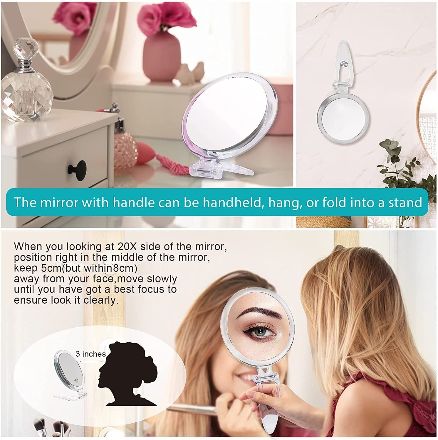 20X Magnifying Hand Mirror Two Sided Use for Makeup Application, Tweezing, and Blackhead/Blemish Removal (15 cm) Tristar Online