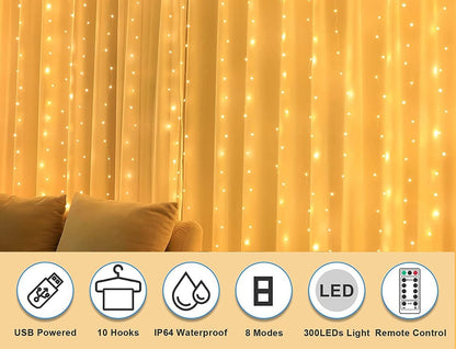 USB Powered 300 LED Curtain String Light with 8 Modes and Remote Control for Bedroom Party Wedding Decorations Tristar Online