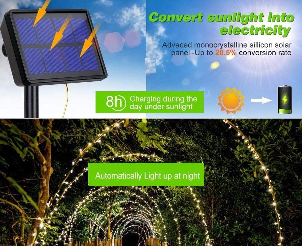 20m 200 LED Solar Powered Outdoor Lights with 8 Lighting Modes and Waterproof for Home,Garden and Decoration Tristar Online