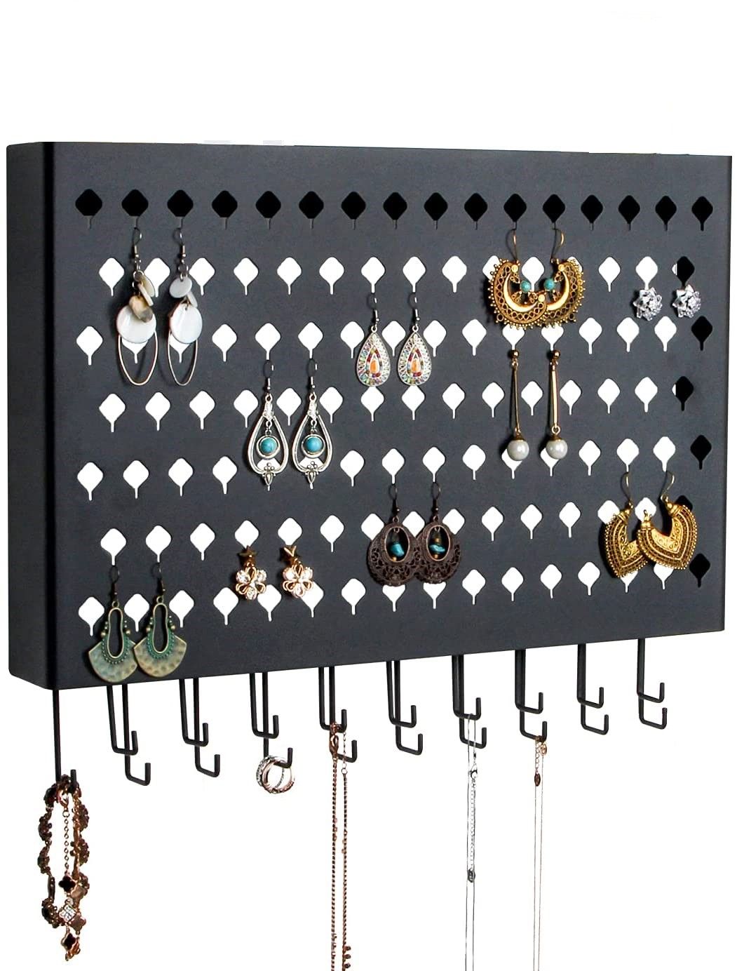 Wall Mount Earring Jewelry Hanger Organizer Holder with 109 Holes and 19 Hooks (Black) Tristar Online
