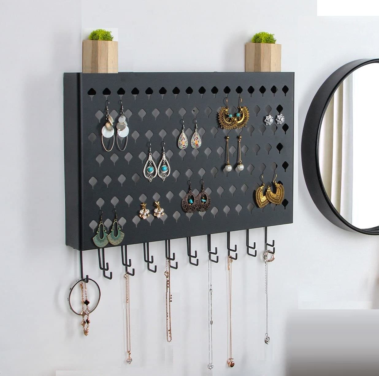 Wall Mount Earring Jewelry Hanger Organizer Holder with 109 Holes and 19 Hooks (Black) Tristar Online