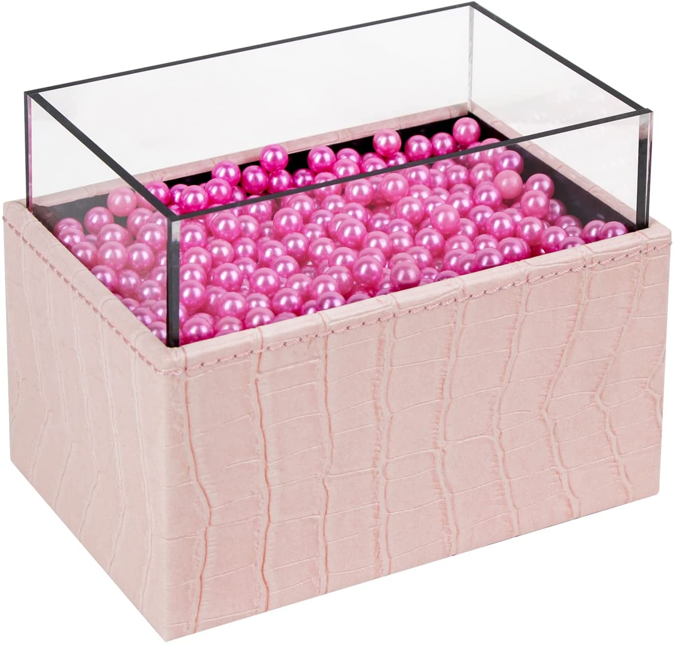 Leather Makeup Brush Cosmetic Organiser Storage Box with Pink Pearls and Acrylic Cover (Pink) Tristar Online