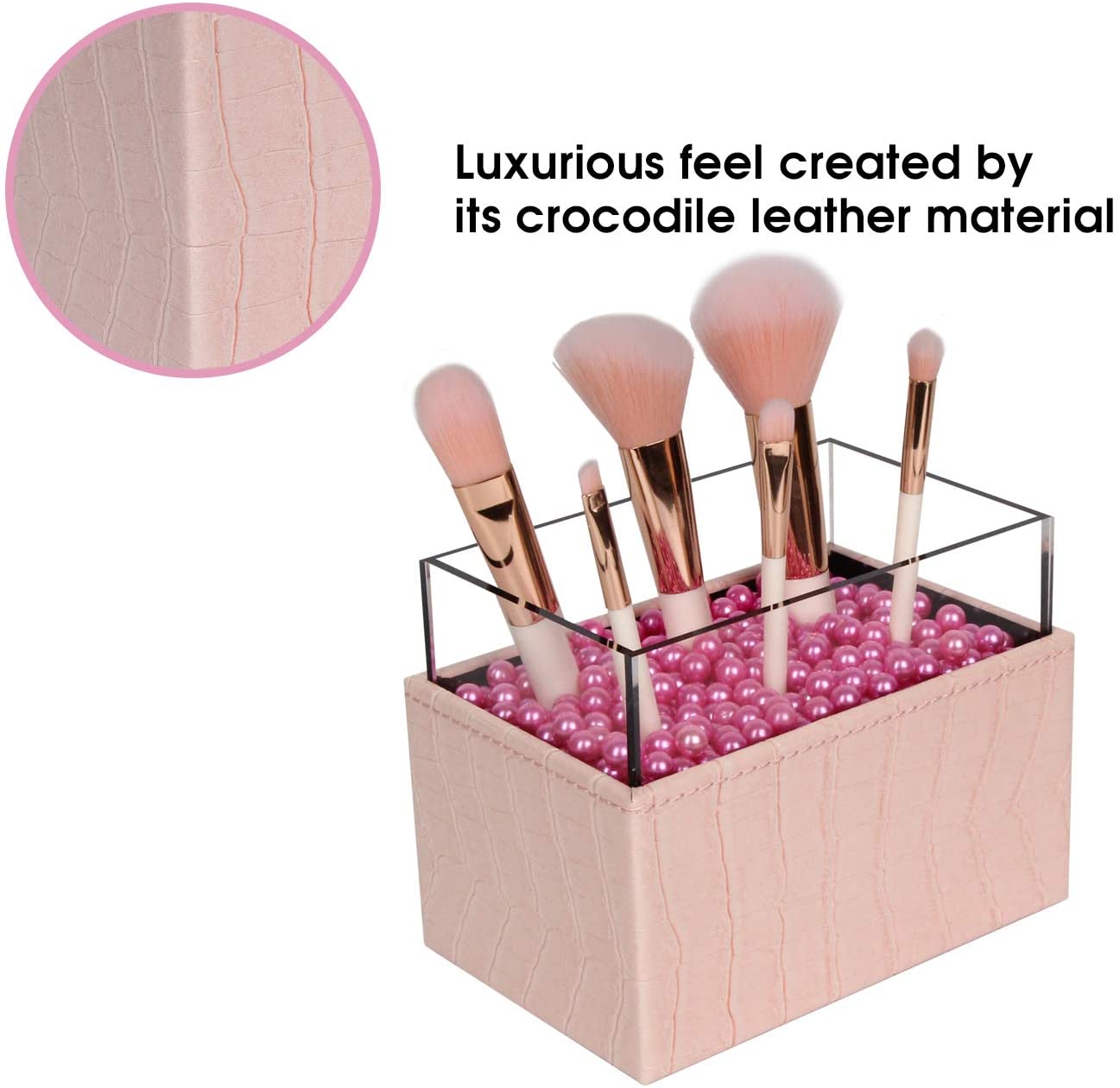 Leather Makeup Brush Cosmetic Organiser Storage Box with Pink Pearls and Acrylic Cover (Pink) Tristar Online