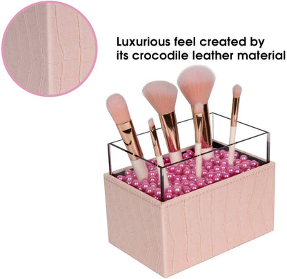 Leather Makeup Brush Cosmetic Organiser Storage Box with Pink Pearls and Acrylic Cover (Pink) Tristar Online