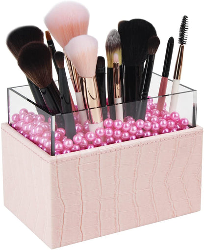 Leather Makeup Brush Cosmetic Organiser Storage Box with Pink Pearls and Acrylic Cover (Pink) Tristar Online