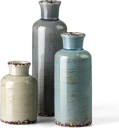 Ceramic Vases Set of 3 Crackled Finish Blue Farmhouse for Home D�cor Tristar Online