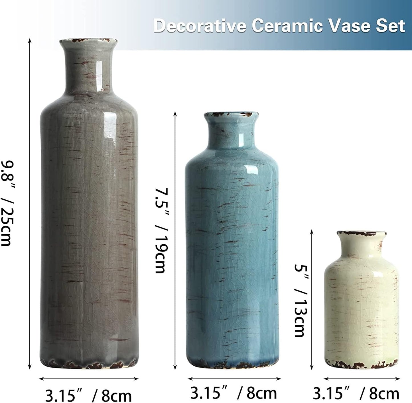 Ceramic Vases Set of 3 Crackled Finish Blue Farmhouse for Home D�cor Tristar Online
