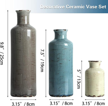 Ceramic Vases Set of 3 Crackled Finish Blue Farmhouse for Home D�cor Tristar Online