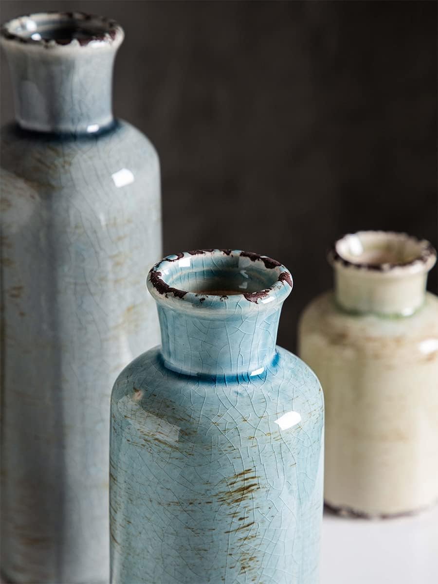 Ceramic Vases Set of 3 Crackled Finish Blue Farmhouse for Home D�cor Tristar Online