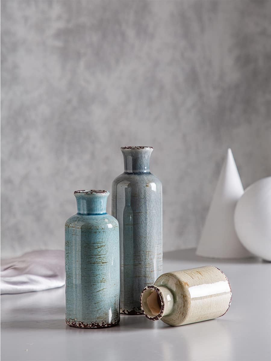 Ceramic Vases Set of 3 Crackled Finish Blue Farmhouse for Home D�cor Tristar Online